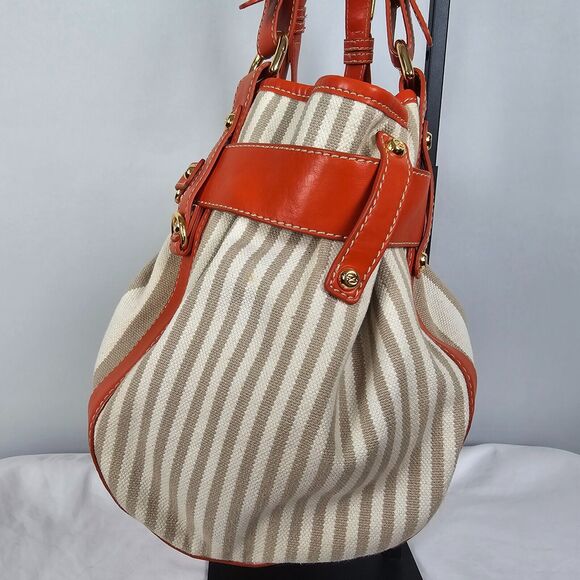 Francesco Biasia Shoulder Bag Canvas Leather Cream Tan Orange 16" x 10" x 6" - Picture 11 of 13